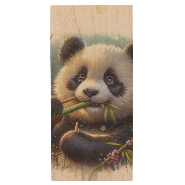 Adorable Panda Bear Eating Bamboo Wood Flash Drive (Front Vertical)