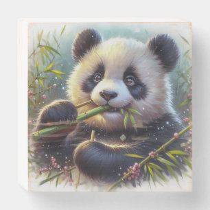 Adorable Panda Bear Eating Bamboo Wooden Box Sign
