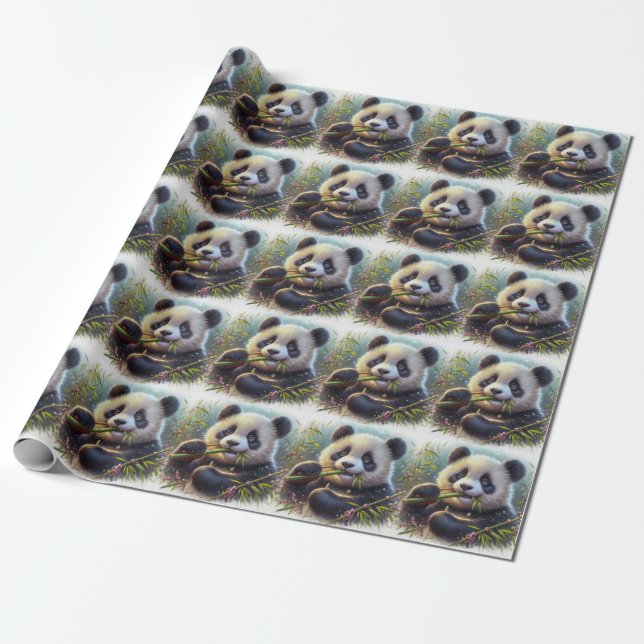 Adorable Panda Bear Eating Bamboo Wrapping Paper (Unrolled)