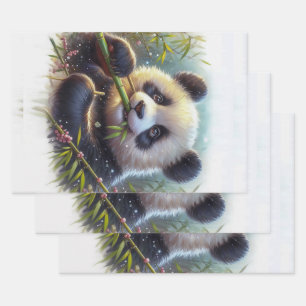 Adorable Panda Bear Eating Bamboo Wrapping Paper Sheets