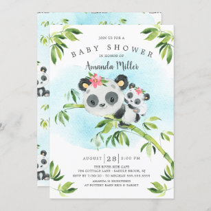 Adorable Panda Bear Girls Baby Shower Invitation