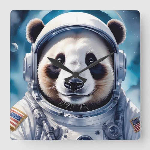 Adorable Panda Bear in Astronaut Suit Outer Space Square Wall Clock