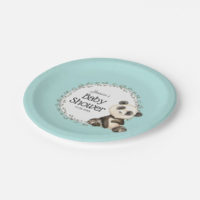 Adorable Panda Bear Personalized Baby Shower Paper Plates (Angled)