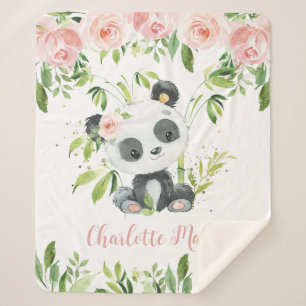 Adorable Panda Bear Pink Floral Greenery Sherpa Blanket