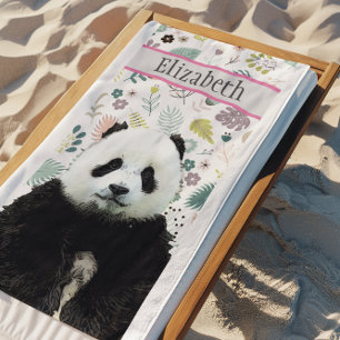 Adorable Panda Bear Teal Name Kid's Animal Beach Towel