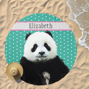 Adorable Panda Bear Teal Name Kid's Animal Beach Towel