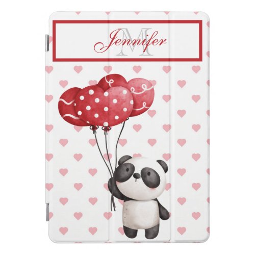 Adorable Panda Bear with Heart Roses Monogrammed iPad Pro Cover