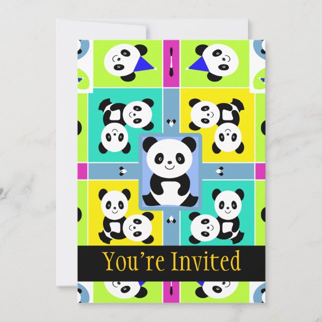 Adorable Panda Bears Bright Colors Invitation (Front)