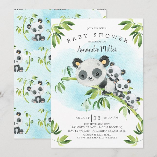 Adorable Panda Bears Triplets Baby Shower Invitation (Front/Back)