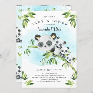 Adorable Panda Bears Triplets Baby Shower Invitation