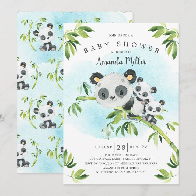 Adorable Panda Bears Twins Baby Shower Invitation (Front/Back)