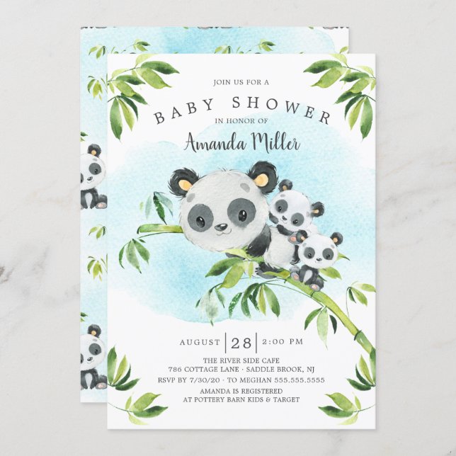 Adorable Panda Bears Twins Baby Shower Invitation (Front/Back)