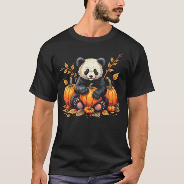 Adorable Panda Fall Vibes Autumn Pumpkins Thanksgi T-Shirt (Front)