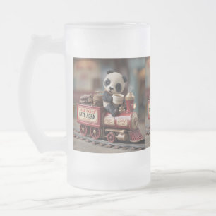 Adorable Panda Figurine on a Vintage Toy Train Frosted Glass Beer Mug