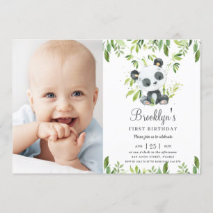 Adorable Panda Greenery 1st Birthday Party Photo Invitation