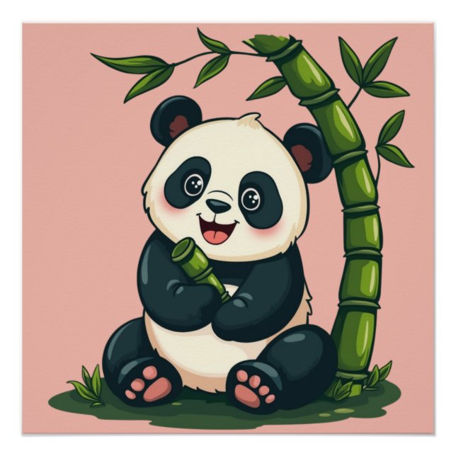 Adorable Panda Hugging Bamboo Cute Cartoon Art Poster (Front)