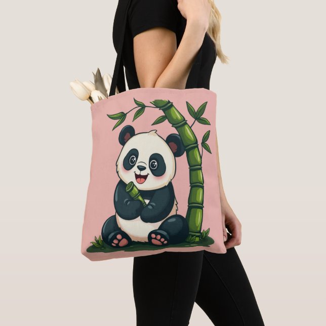 Adorable Panda Hugging Bamboo Cute Cartoon Art Tote Bag (Close Up)