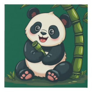 Adorable Panda Hugging Bamboo Cute Cartoon Green Faux Canvas Print
