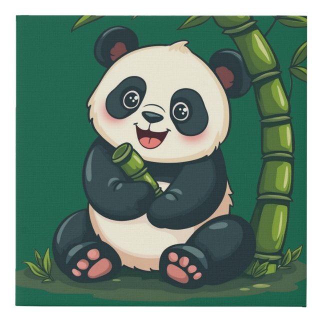 Adorable Panda Hugging Bamboo Cute Cartoon Green Faux Canvas Print (Front)