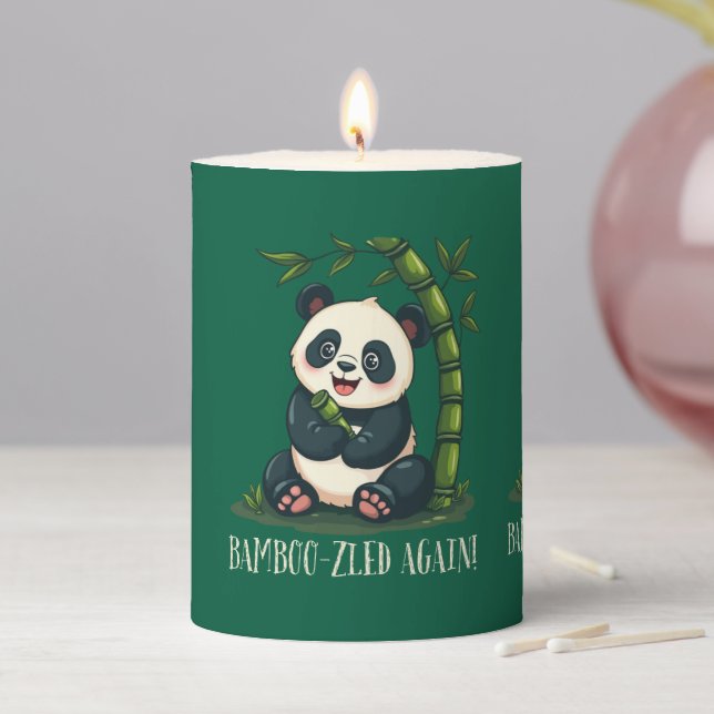 Adorable Panda Hugging Bamboo Cute Cartoon Green Pillar Candle (In Situ)