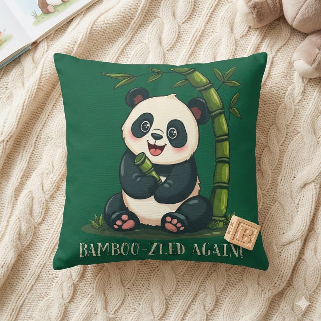 Adorable Panda Hugging Bamboo Cute Cartoon Green Throw Pillow (Adorable Panda Hugging Bamboo Cute Cartoon Green Throw Pillow Mockup A)