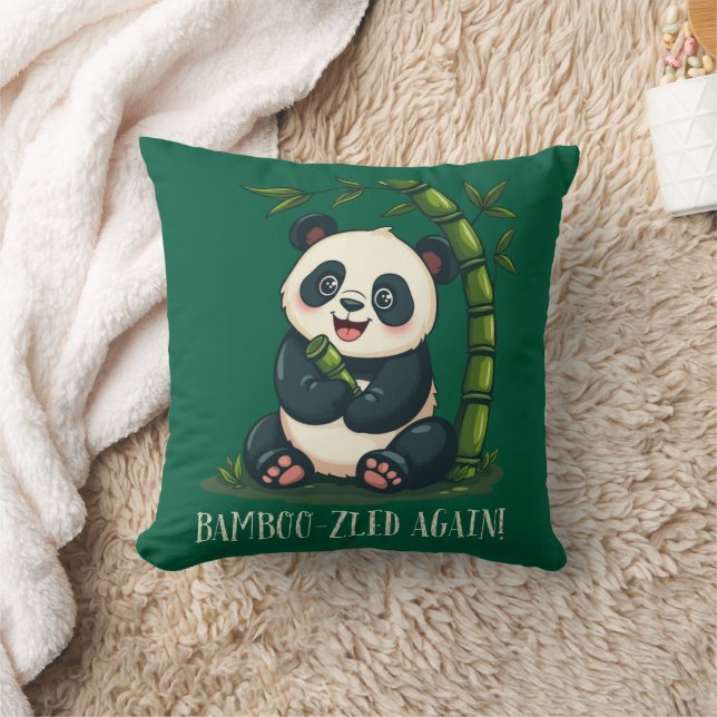 Adorable Panda Hugging Bamboo Cute Cartoon Green Throw Pillow (Blanket)
