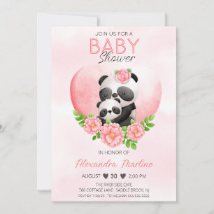 Adorable Panda Mom & baby Pink Floral Baby Shower Invitation