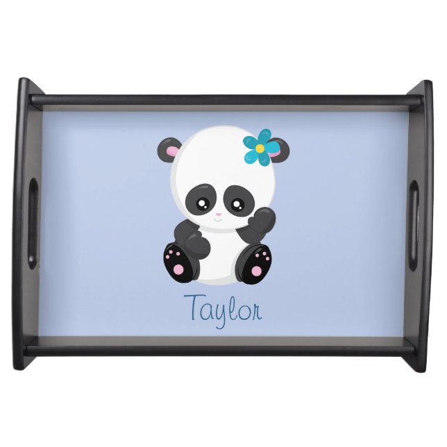 Adorable Panda Personalize Blue Serving Tray (Front)