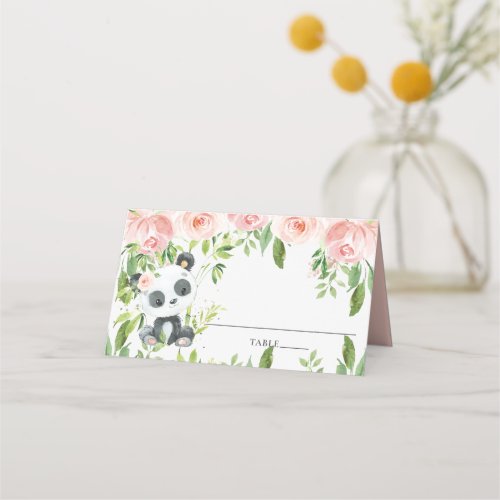 Adorable Panda Pink Floral Greenery Baby Shower Place Card