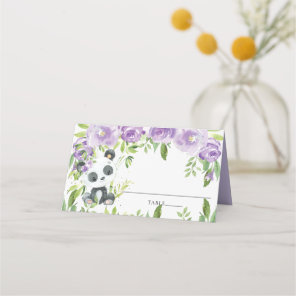 Adorable Panda Purple Floral Greenery Baby Shower Place Card