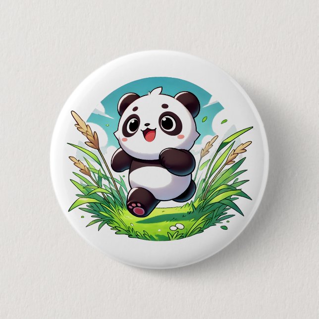Adorable panda running through a field button (Front)