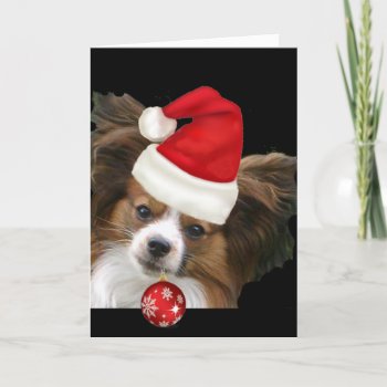 Adorable Papillon Dog In Santa Hat Holiday Card by fur_persons2 at Zazzle