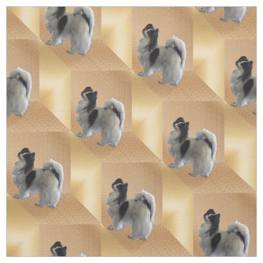 Adorable Papillon dog on Gold Cubes Fabric
