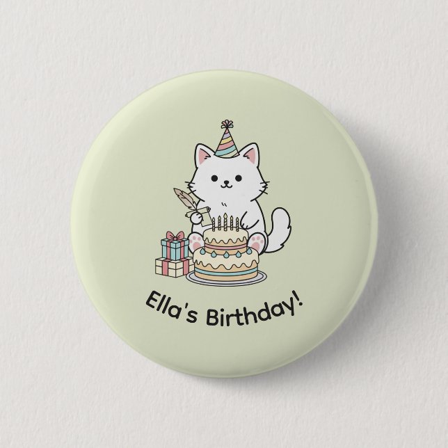 Adorable Party Cat Birthday Cake Light Yellow Art Button (Front)