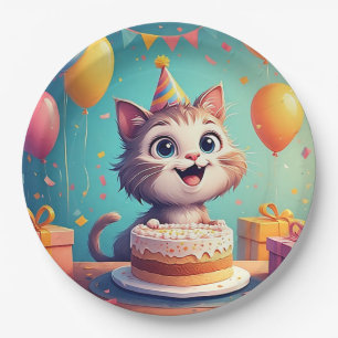 Adorable Party Cat With Cake and Balloons Paper Plates
