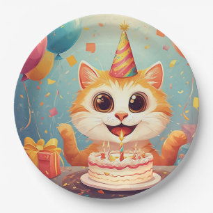 Adorable Party Cat With Cake and Balloons Paper Plates