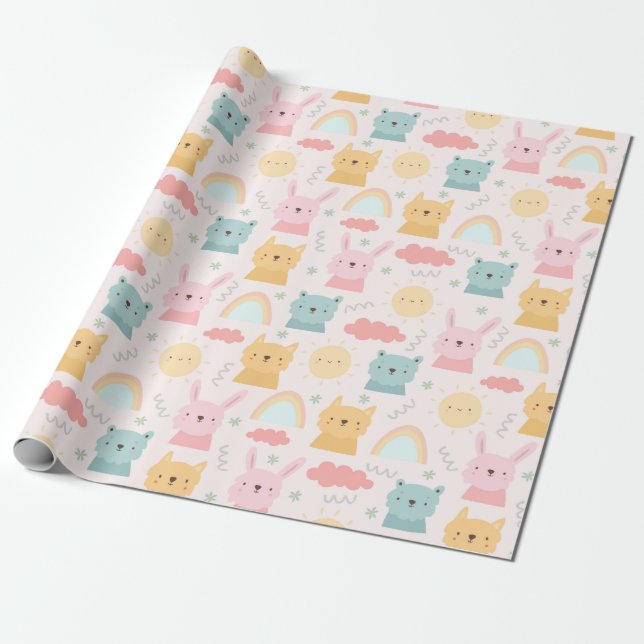 Adorable Pastel Animal Pattern Wrapping Paper (Unrolled)