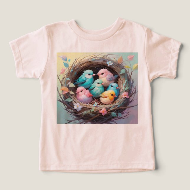 Adorable Pastel Baby Birds In A Floral Nest Toddler T-shirt (Design Front)