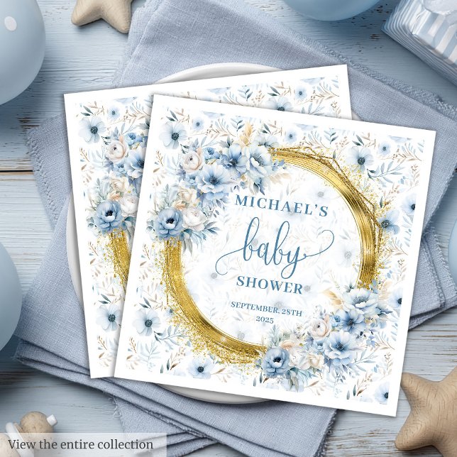 Adorable pastel blue flowers gold baby shower  paper dinner napkins (Adorable pastel blue flowers gold baby shower paper dinner napkins)