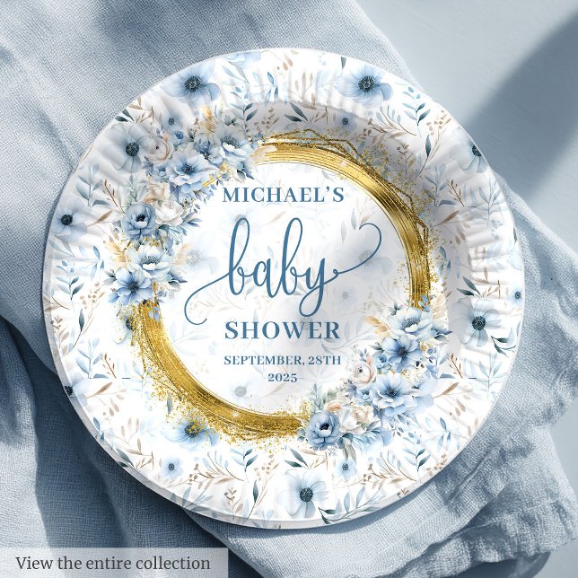 Adorable pastel blue flowers gold boho shower  paper plates (Adorable pastel blue flowers gold boho shower paper plates)