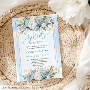 Adorable Pastel Blue White Floral Sweet 16 Invites