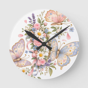 Adorable Pastel Butterfly Art Round Clock