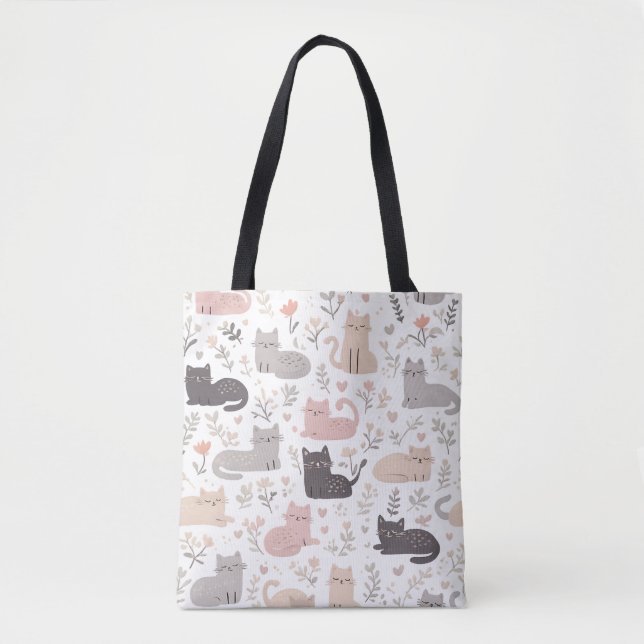  Adorable Pastel Cat & Floral Pattern Tote Bag (Front)