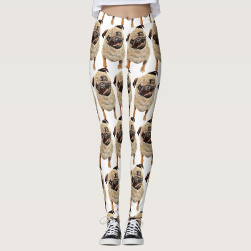 Adorable Pastel Drawn Pug Dog Leggings