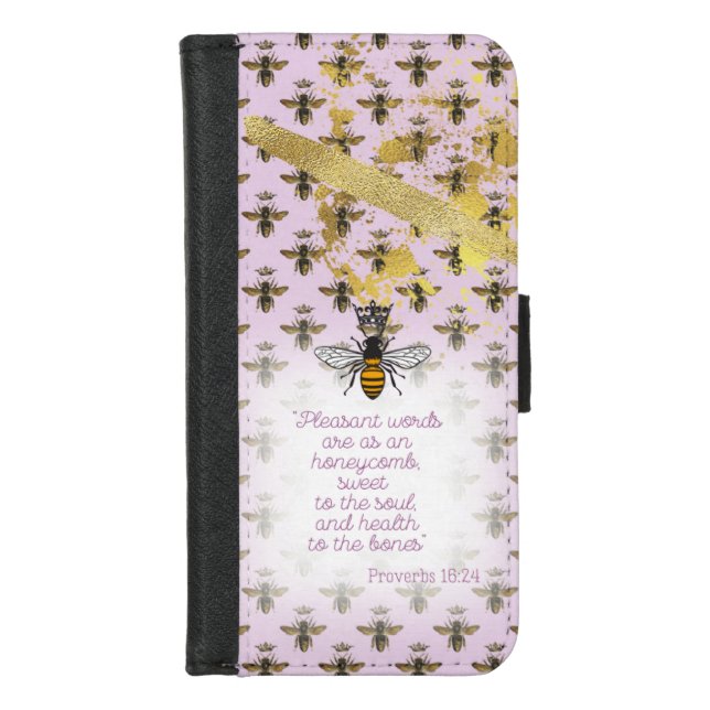Adorable Pastel Mauve Gold Bee Grid Faith iPhone Wallet Case (Front)