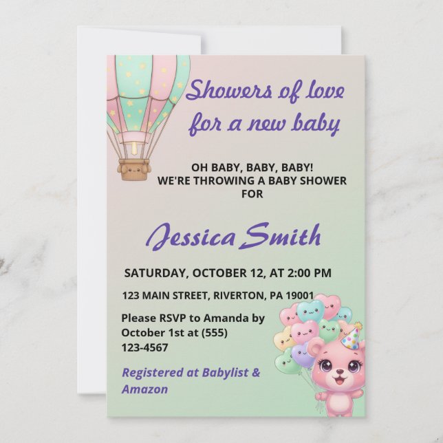 Adorable Pastel Pink and Mint Green Baby Shower In Invitation (Front)