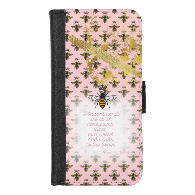 Adorable Pastel Pink Gold Bee Grid Faith Queen Bee iPhone Wallet Case (Front)