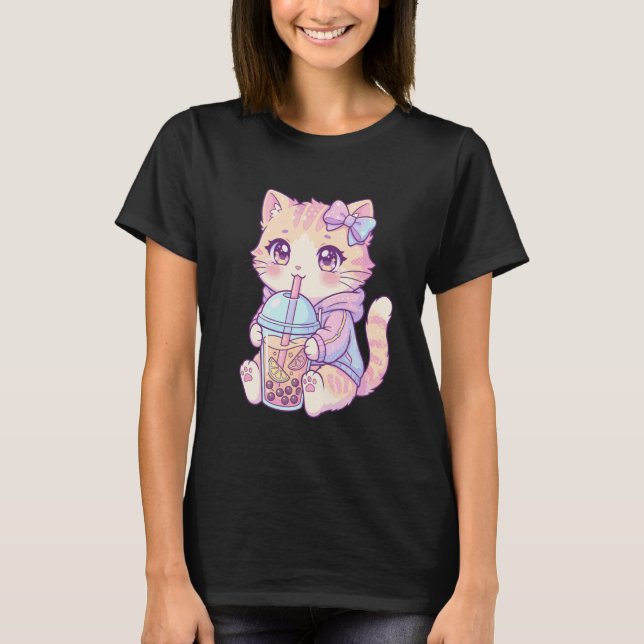 Adorable Pastel Tabby Cat Drinking Boba Art Kawaii T-Shirt (Front)