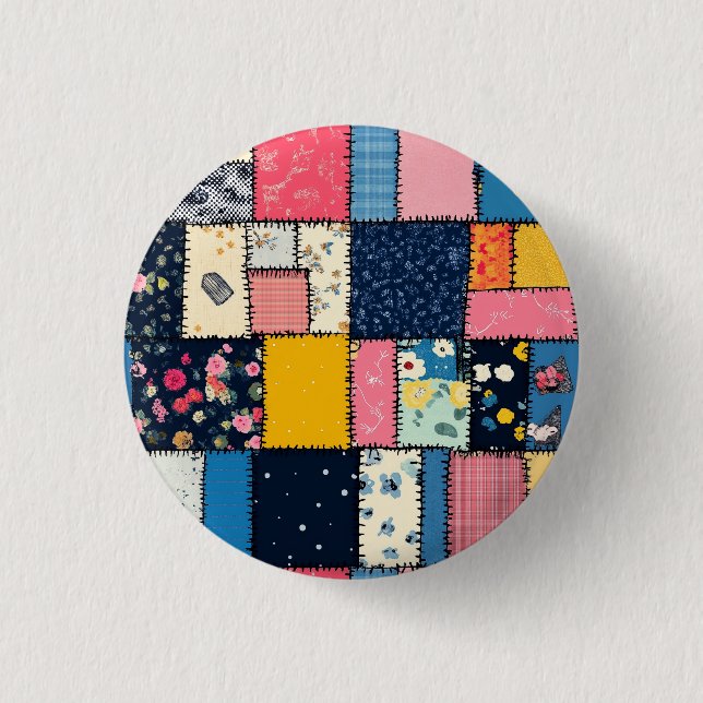 Adorable Patchwork Design, Playful Pattern Button (Front)