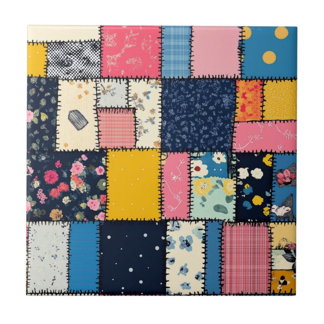 Adorable Patchwork Design, Playful Pattern Ceramic Tile (Front)